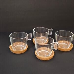 Ikea  set of  4 clear glass cups Tea, Coffee with bamboo coasters 8oz.